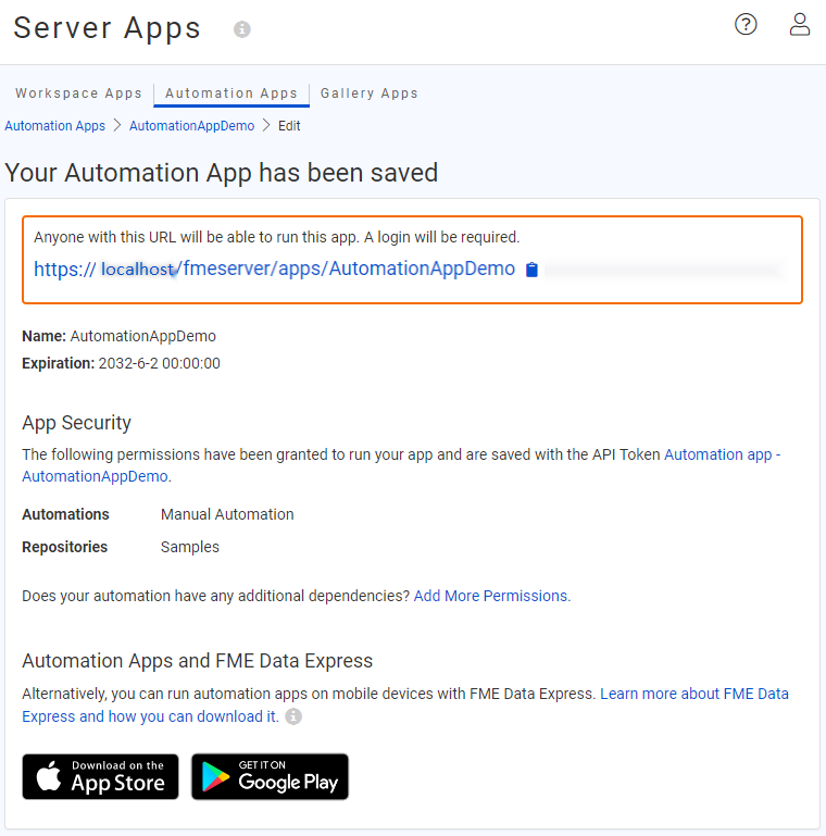 App creation confirmation page